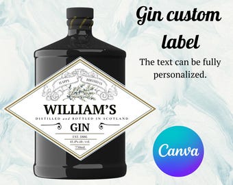 Modelo de rótulo de gin personalizado para download digital no Canva. Presente ideal para padrinhos, despedida de solteira, para ele e para o pai. Faça você mesmo!