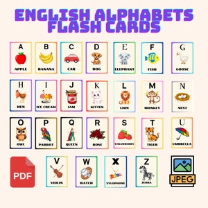 Alfabetos en inglés ABC con imágenes, Personajes para niños con fotos, Tarjetas flash, Niños en edad preescolar, Descarga digital para niños
