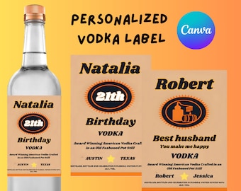 Plantilla de etiqueta de vodka Canva personalizada, descarga digital, regalo para padrinos de boda, regalos para despedidas de soltera, regalos para él y papá.
