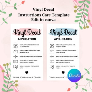 Custom Vinyl Decal Care Instructions Card | Printable Sticker Application Guide | Decal Care Tips for Small Business Packaging