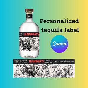 May include: A personalized tequila bottle label with a black and white illustration of a skeleton riding a rooster. The label says "Jennifer's" and "Happy Birthday".