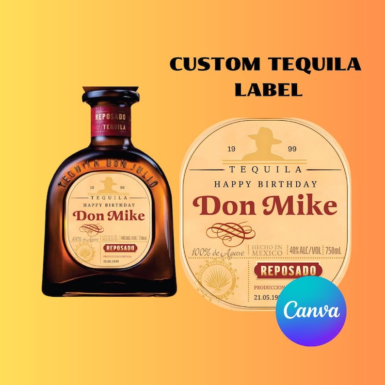 Op de afbeelding: Een rond, bruin tequila-flessetiket met de tekst "Tequila Happy Birthday Don Mike" en "Reposado" erop gedrukt. Het etiket is omgeven door een decoratieve rand.