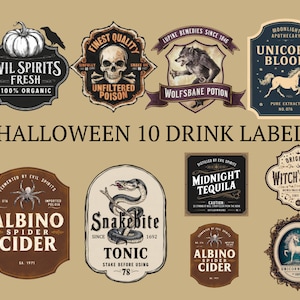 Halloween-Getränkeaufkleber |  Halloween-Bundle |  Zaubererparty | Halloweenparty | Etiketten Aufkleber | Halloween Dekor