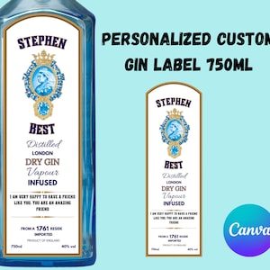 May include: A personalised gin label with a gold border and a blue and gold crest. The label says "Stephen Best Distilled London Dry Gin Vapour Infused" and includes the text "I am very happy to have a friend like you. You are an amazing friend." The label also includes the text "From a 1761 reside Imported Product of England 750ml 40% vol".