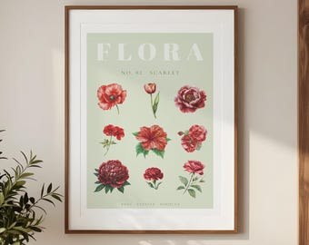 Red Botanical Print No. 02 Scarlet | Sage Green Watercolor Flower Wall Art | Vintage Flora Poster | Digital Download