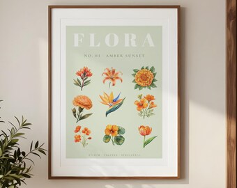 Orange Botanical Print No. 03 Amber Sunset | Bird of Paradise Wall Art | Sage Green Watercolor Flora Poster | Digital Download