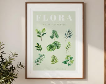 Greenery Print No. 05 Evergreen | Monstera Eucalyptus Botanical Wall Art | Sage Green Watercolor Poster | Digital Download