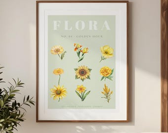 Yellow Botanical Print No. 04 Golden Hour | Sunflower Watercolor Wall Art | Sage Green Vintage Flora Poster | Digital Download