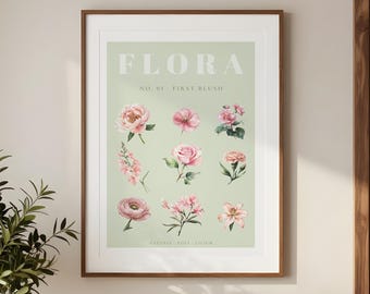 Pink Botanical Illustration, Sage Green Watercolor Flower Art (Digital Download)