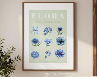 Blue Botanical Print No. 06 Something Blue | Sage Green Watercolor Flower Wall Art | Vintage Flora Poster | Digital Download