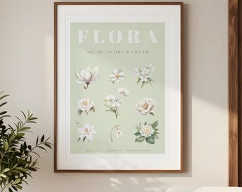 White Botanical Print No. 08 Ivory & Cream | Neutral Watercolor Flower Wall Art | Sage Green Vintage Flora Poster | Digital Download
