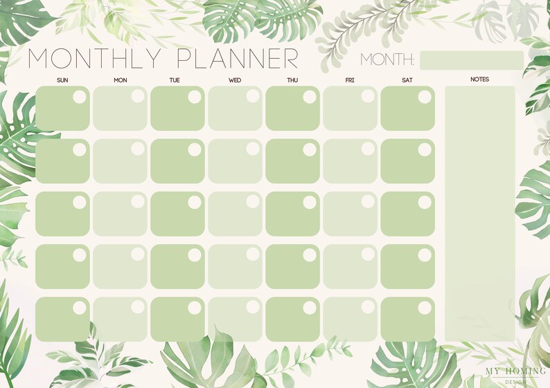 May include: A monthly planner template featuring a grid of light green rounded squares for dates, labeled with days of the week. The border is decorated with watercolor-style green tropical monstera and fern leaves on a cream background.