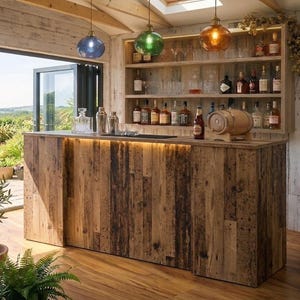 May include: A rustic wooden home bar unit featuring a weathered plank exterior, a flat countertop, and integrated shelving. The shelves hold various glass bottles and glassware, illuminated by three hanging pendant lights in blue, green, and amber.