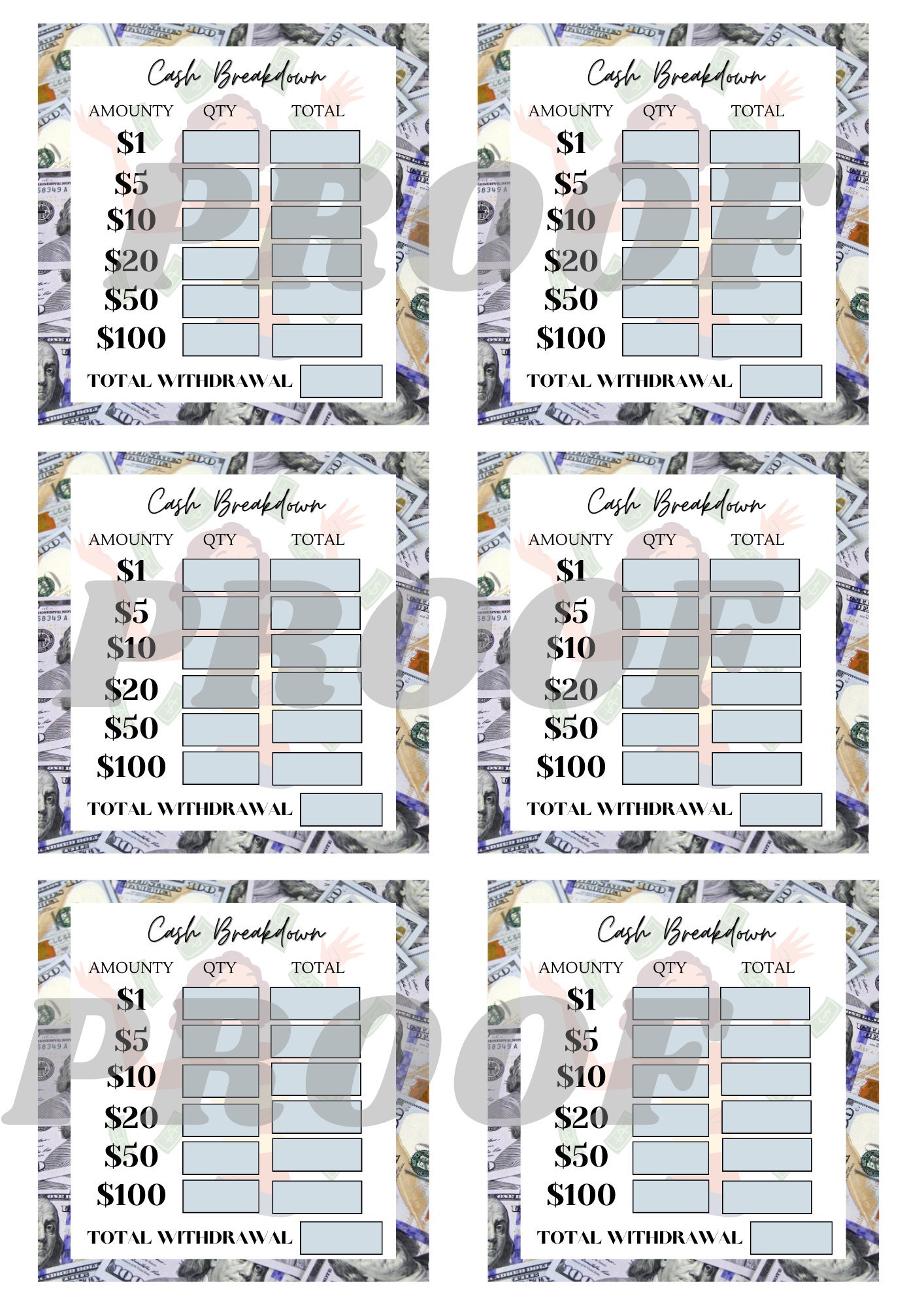 PRINTABLE| Cash Breakdown Slip Bank Teller Slip Cash Budgeting - Etsy