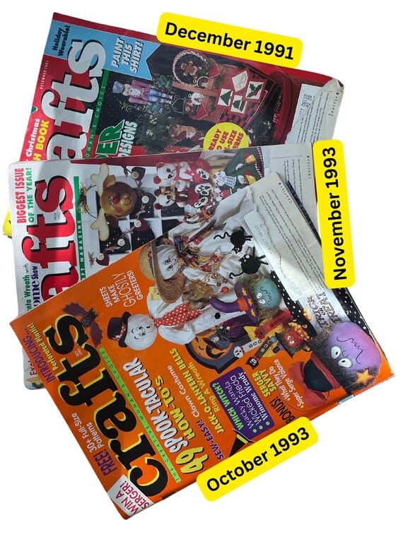 Vintage Crafts magazines October 1993 November 1993 December 1991, Holiday themed Nostalgic Ephemera, Halloween, Thanksgiving, Christmas