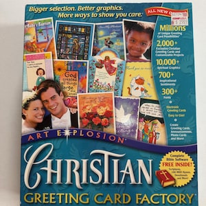 May include: A software box for the Christian Greeting Card Factory. The box is blue with the words "Christian Greeting Card Factory" in large white letters. It features images of greeting cards and text that reads "Millions of Unique Greeting Card Possibilities".