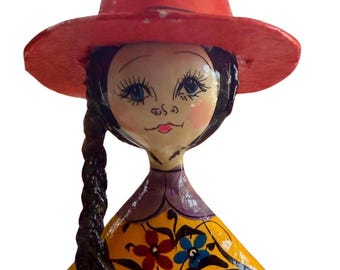 Vintage Mexican Paper Mache Doll: Mid-Century Folk Art Figurine, Boho Decor