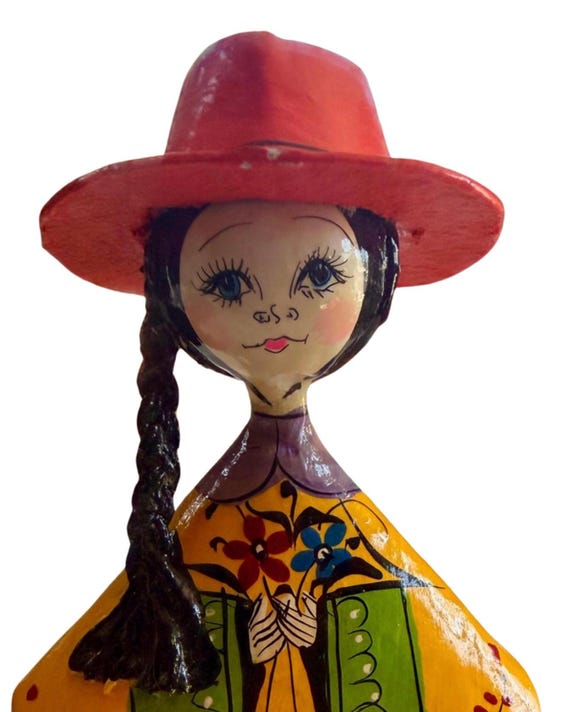 Vintage Mexican Paper Mache Doll: Mid-Century Folk Art Figurine, Boho Decor