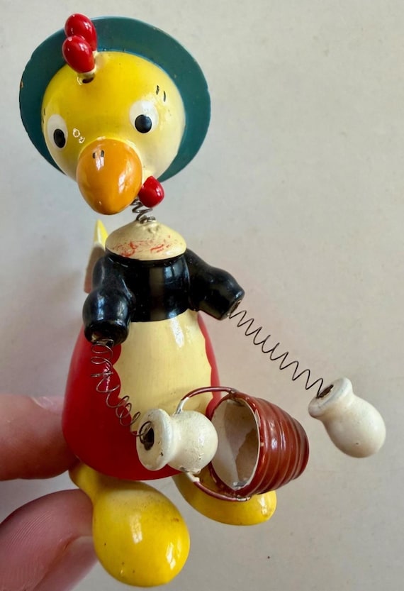 Vintage Goula Wooden Bobble Head Toy Spain 1960s Spring Neck Arms Novelty Figurine Mid Century Collectible