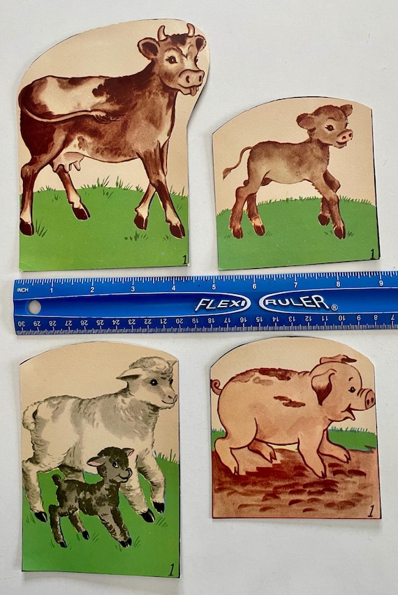 Vintage Farm Animal Cutouts – Cow, Calf, Pig, Sheep – Mid Century Ephemera for Journals