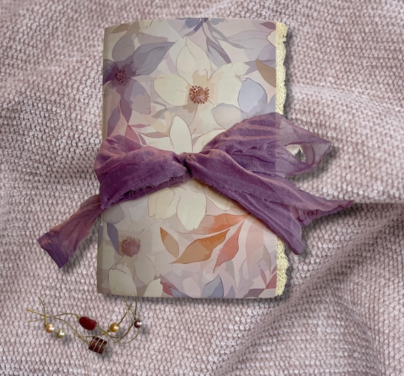 Handmade Purple Floral Junk Journal: Vintage Lace Trim, 80 Pages Free Shipping