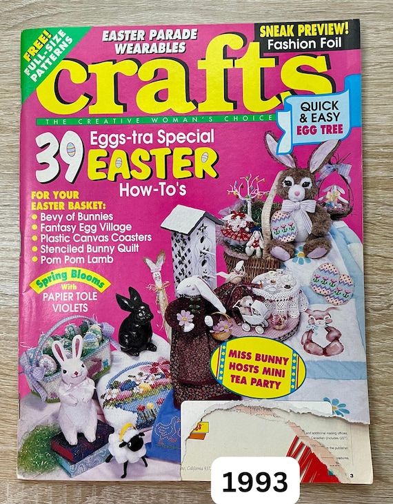 Vintage Crafts magazine April 1993 with patterns, Holiday themed Nostalgic Ephemera, Easter Bunny Crafting DIY