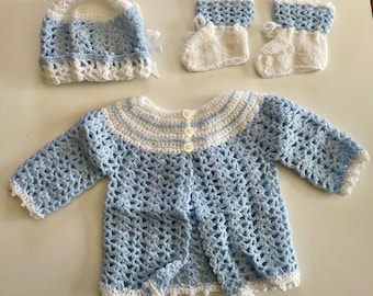 Handmade Crocheted Baby Set - Blue sweater, hat & booties