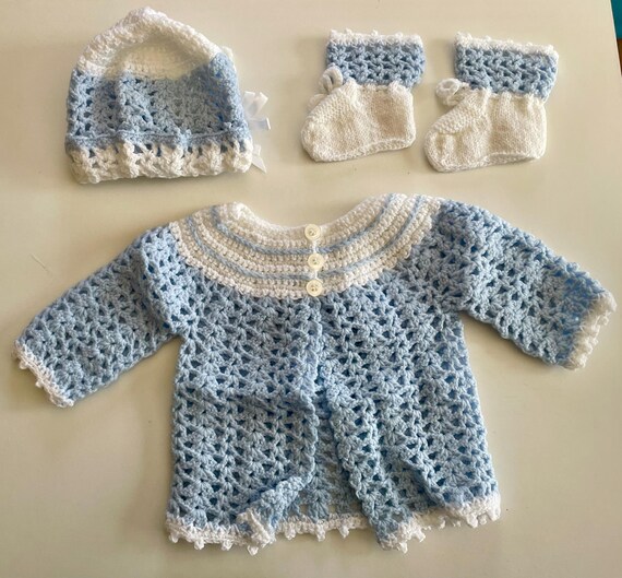 Handmade Crocheted Baby Set - Blue sweater, hat & booties