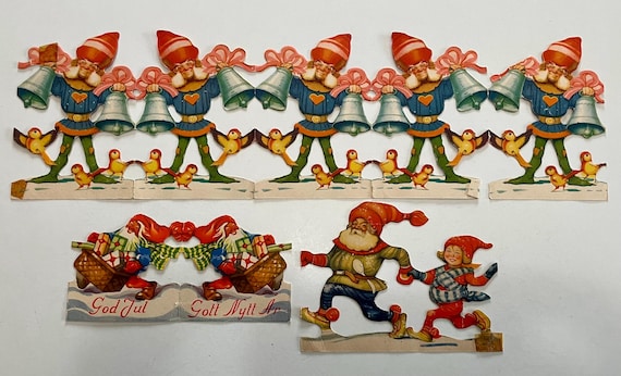Vintage Swedish Tomte Paper Cutouts, Scandinavian Folk Art Christmas Decor