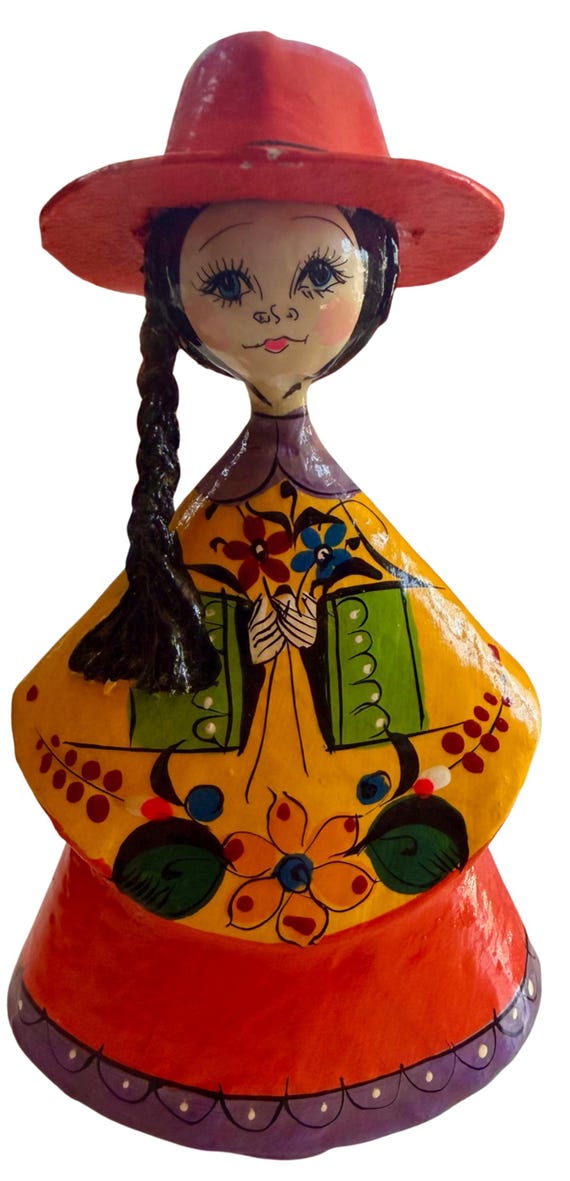 Vintage Mexican Paper Mache Doll: Mid-Century Folk Art Figurine, Boho Decor