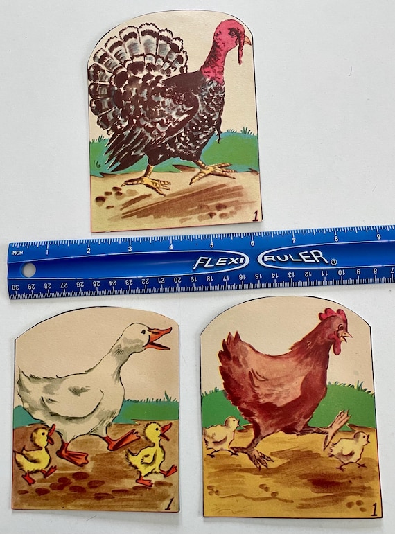 Vintage Farm Bird Cardstock Cutouts – Turkey, Hen, Ducklings – Mid Century Ephemera