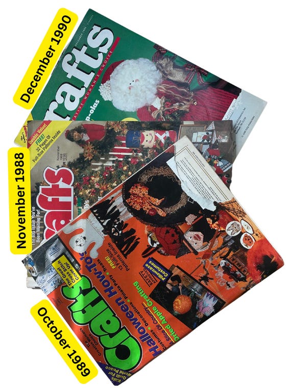 Vintage Crafts magazines, October 1989 November 1988 December 1990, Holiday themed Nostalgic Ephemera Halloween Thanksgiving Christmas