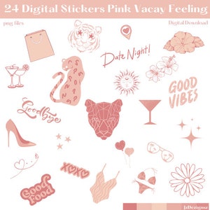 Op de afbeelding: Een set van 24 digitale stickers met roze illustraties van verschillende vakantie-thema's, waaronder een tijger, een panter, een cocktailglas, een tas, een zon, een hart, een zonnebril, een bikini, een bloem en de tekst "Good Vibes" en "Date Night!"