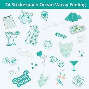 Op de afbeelding: Een verzameling van 24 stickers met een oceaan- en vakantiethema. De stickers bevatten illustraties van een tijger, cocktails, een luipaard, een zonnebril, een sneaker en tekst met "Date Night!" en "Good Food". De stickers zijn in tinten van blauwgroen en wit.