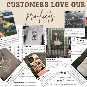 May include: Collage of customer product reviews. Images include a t-shirt with a butterfly graphic, a phone case with pet photos, a green blanket with a goose design, and a white t-shirt with a police badge.