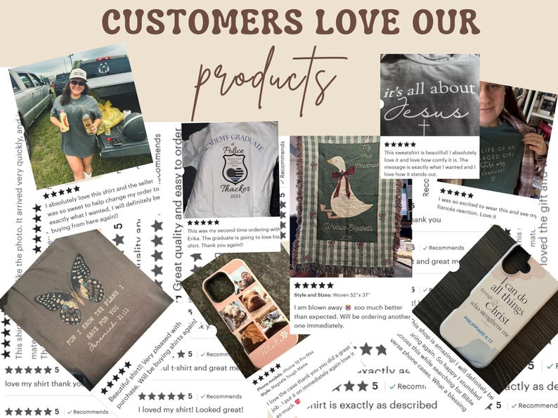May include: Collage of customer product reviews. Images include a t-shirt with a butterfly graphic, a phone case with pet photos, a green blanket with a goose design, and a white t-shirt with a police badge.