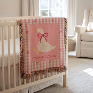 Goose Baby Blanket Girl with Name, Gingham Pink, Cotton Woven Fringe Blanket, Farm Nursery Bedding Storybook Baby Blanket, Baby Shower Gift