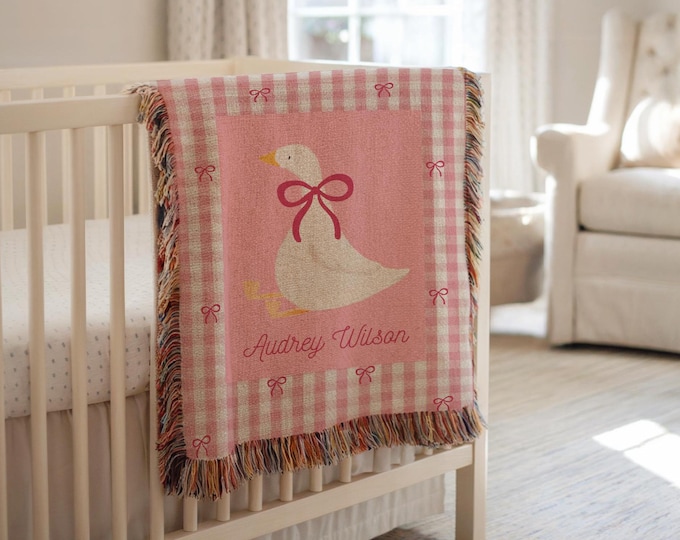 Goose Baby Blanket Girl with Name, Gingham Pink, Cotton Woven Fringe Blanket, Farm Nursery Bedding Storybook Baby Blanket, Baby Shower Gift