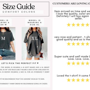 May include: Size guide graphic with the text "Size Guide Comfort Colors". Two models wearing t-shirts, one in size M and the other in size XL. Text includes customer reviews and sizing recommendations.