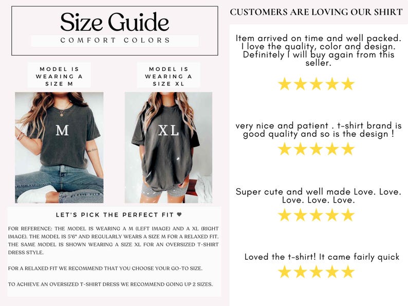 May include: Size guide graphic with the text "Size Guide Comfort Colors". Two models wearing t-shirts, one in size M and the other in size XL. Text includes customer reviews and sizing recommendations.