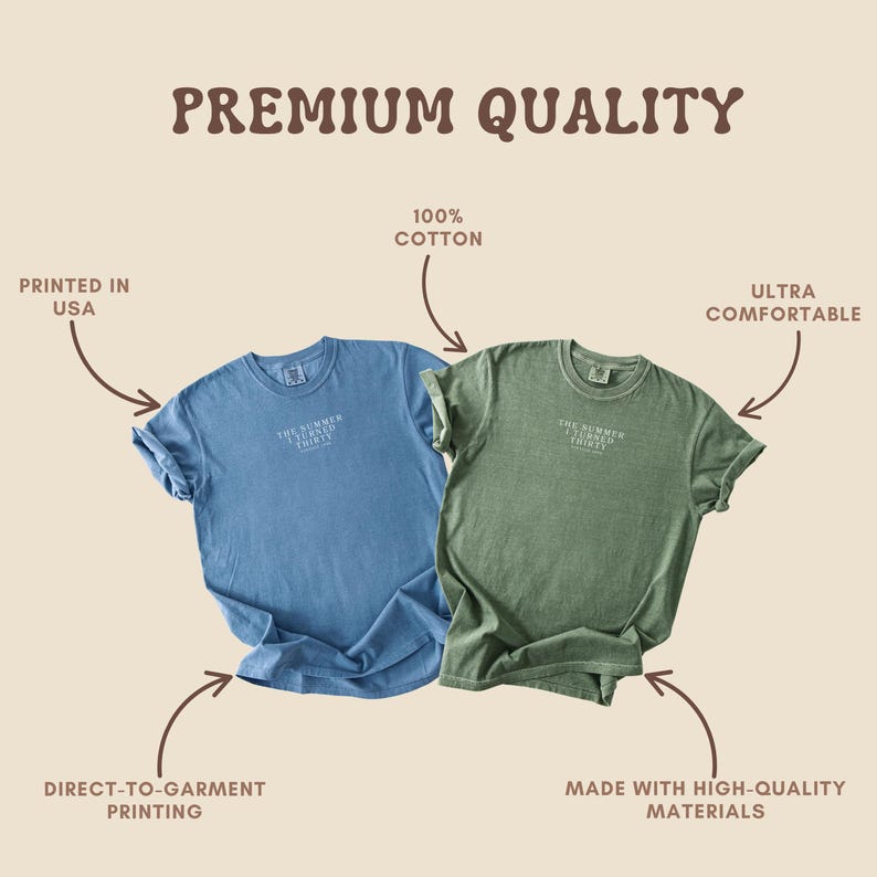 May include: Two t-shirts, one blue and one green, with the text "THE SUMMER TURNED THIRTY" printed on the front. The image includes text that says "PREMIUM QUALITY", "PRINTED IN USA", "100% COTTON", "ULTRA COMFORTABLE", "DIRECT-TO-GARMENT PRINTING", and "MADE WITH HIGH-QUALITY MATERIALS".