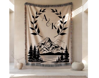 Cotton Anniversary Gift Personalized Throw Blanket Mountains Woven Blanket Couples Initials Throw Gift For Wife Nature Anniversary Wedding