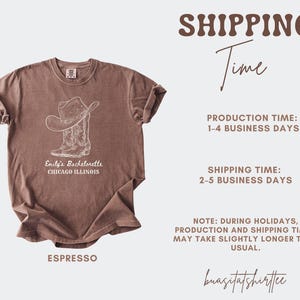 May include: Espresso-colored t-shirt featuring a white illustration of a cowboy hat and boots. The text "Emily's Bachelorette CHICAGO ILLINOIS" is printed below the graphic. The shirt is a casual style.