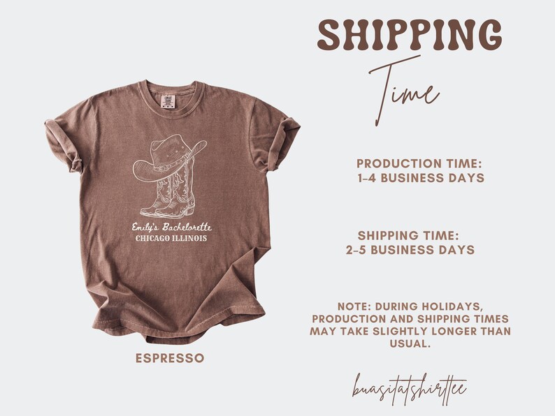 May include: Espresso-colored t-shirt featuring a white illustration of a cowboy hat and boots. The text "Emily's Bachelorette CHICAGO ILLINOIS" is printed below the graphic. The shirt is a casual style.