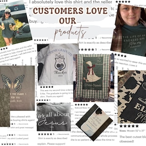 May include: A collage of customer product reviews. Featured items include t-shirts with text and graphics, a phone case with photos, a woven blanket with a cowboy boot design, and a decorative goose blanket. The reviews highlight customer satisfaction.