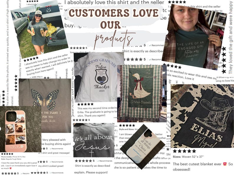 May include: A collage of customer product reviews. Featured items include t-shirts with text and graphics, a phone case with photos, a woven blanket with a cowboy boot design, and a decorative goose blanket. The reviews highlight customer satisfaction.