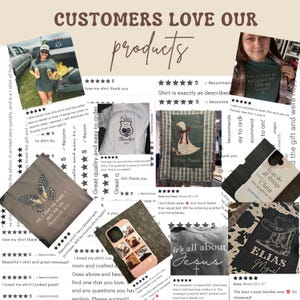 May include: A collage of customer reviews showcasing various products. Featured items include t-shirts with graphics, a phone case with photos, a blanket with a cowboy boot design, and a woven blanket with a goose design. The reviews are accompanied by star ratings.