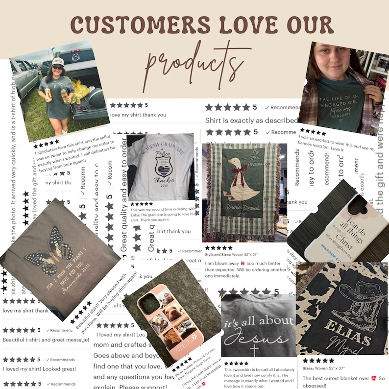 May include: A collage of customer reviews showcasing various products. Featured items include t-shirts with graphics, a phone case with photos, a blanket with a cowboy boot design, and a woven blanket with a goose design. The reviews are accompanied by star ratings.
