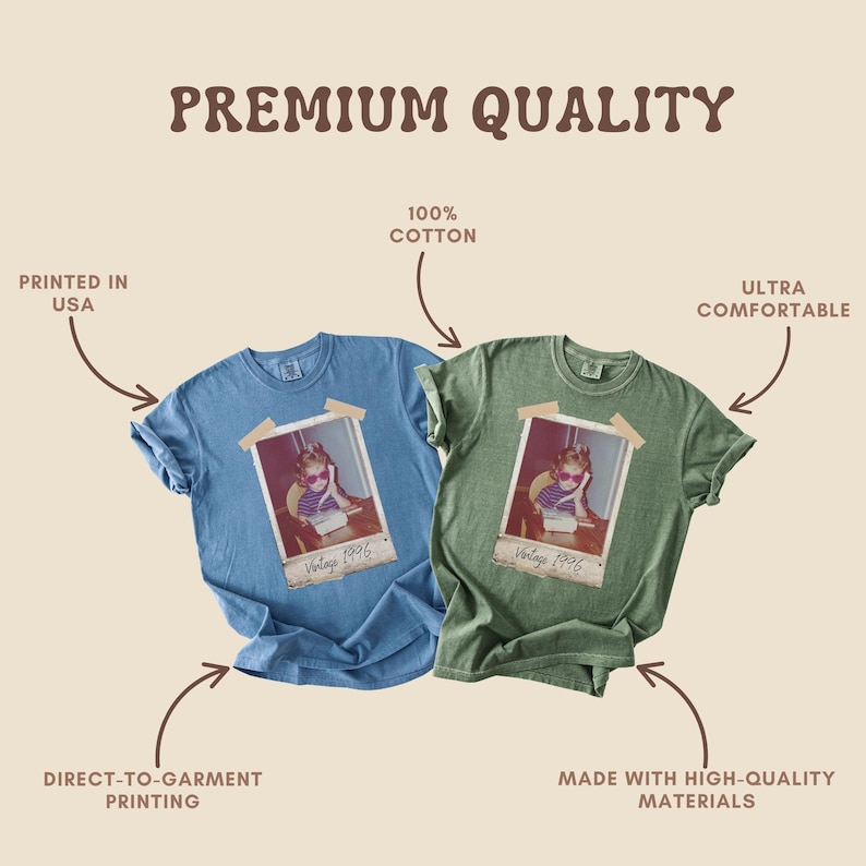 Pu&ograve; includere: Due magliette, una blu e una verde, ciascuna con una stampa fotografica vintage. La maglietta blu ha il testo "Vintage 1996" sulla foto. La maglietta verde ha anche il testo "Vintage 1996" sulla foto. Le magliette sono in "100% cotone" e "ultra confortevoli".