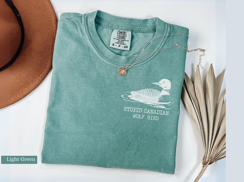 May include: Light green Comfort Colors t-shirt with a white graphic of a loon and the text "STUPID CANADIAN WOLF BIRD". A gold necklace and a brown hat are also in the image. The shirt is size S-P-CH.